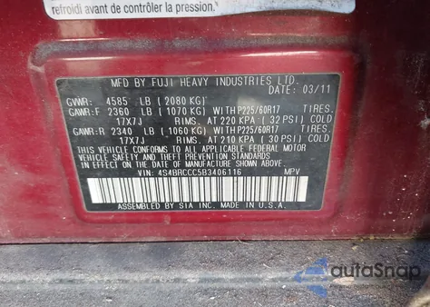 2011 Subaru Outback 2.5I Premium из США, поврежденный, VIN 4S4BRCCC5B3406116